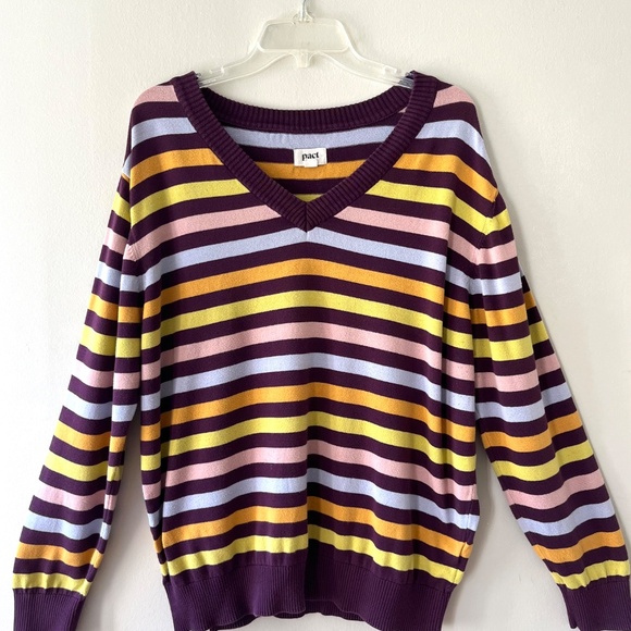 PACT Sz M Stretch V Neck Pullover Knit Sweater Organic Cotton Multicolor - Picture 10 of 11